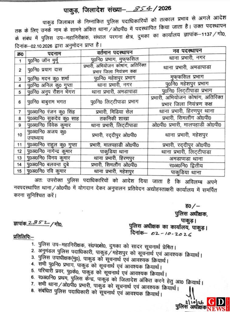 पाकुड़ पुलिस महकमे में बड़ा फेरबदल, कई थाना प्रभारी बदले; एसपी अनुदीप सिंह ने जारी किया पदस्थापन आदेश 7 img 20261002 wa00627152303478898091381